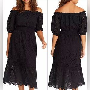 NWT BETSEY JOHNSON Black Eyelet Cotton Off The Shoulder Midi Dress Size S